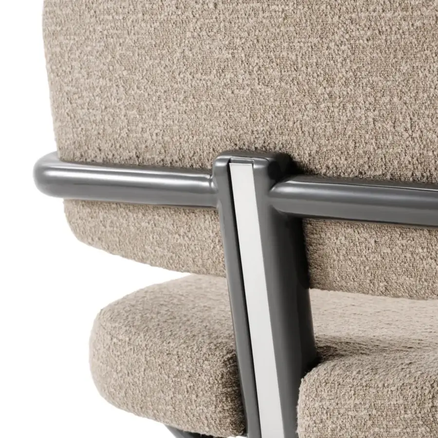 Distinguished Turri Madison director lounge chair with looped beige and light brown textile upholstery and matte dark gray metal frame