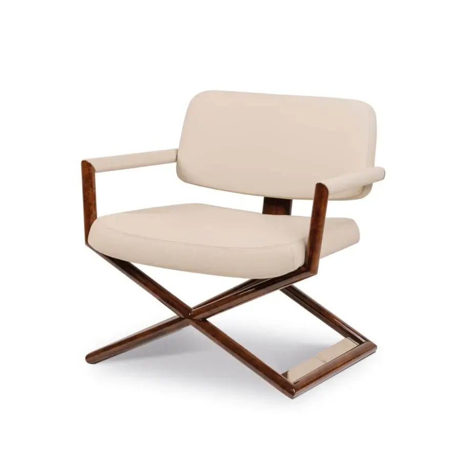 Distinctive Turri Madison director lounge chair with light beige fabric and dark brown wooden x-shaped base