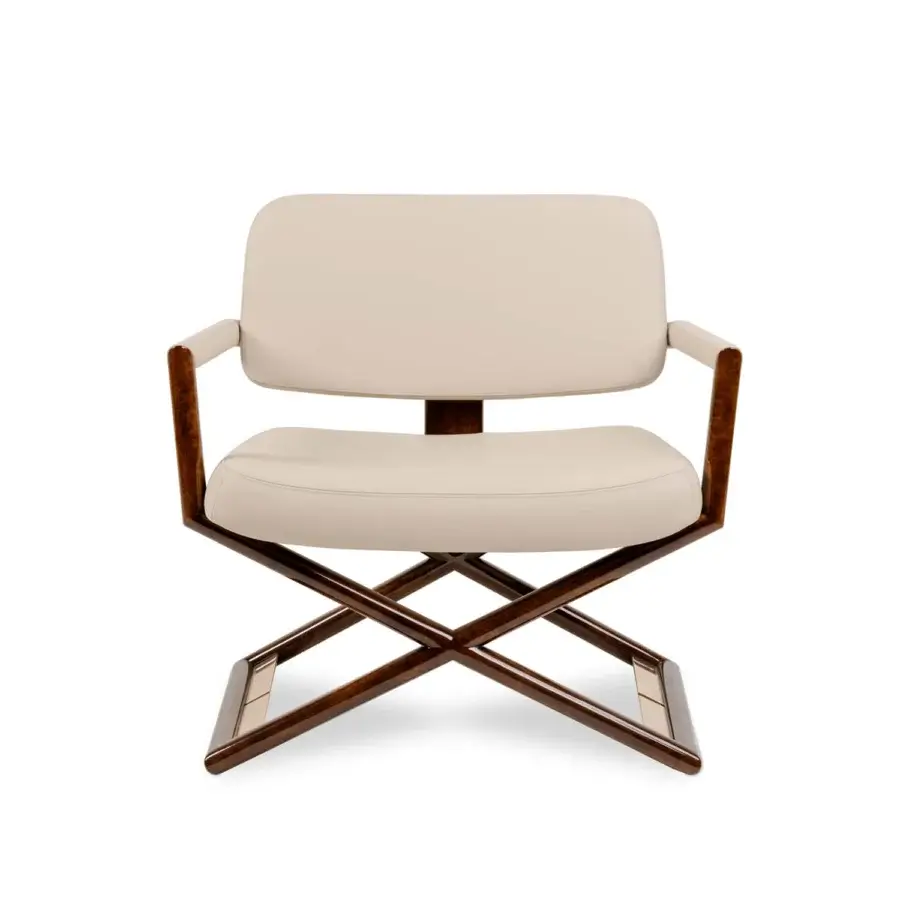 Elegant Turri Madison director lounge chair with light cream fabric upholstery and glossy dark brown wooden frame