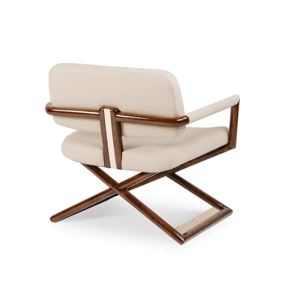 Exceptional Turri Madison director lounge chair with creamy synthetic leather upholstery and glossy deep brown wood finish