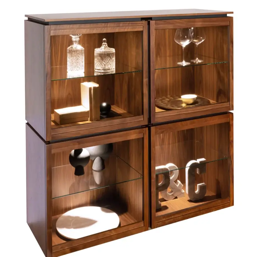 Elegant Pacini & Cappellini Mesh Modular Cupboard with veneered Canaletto walnut containers and solid doors in dark walnut finish