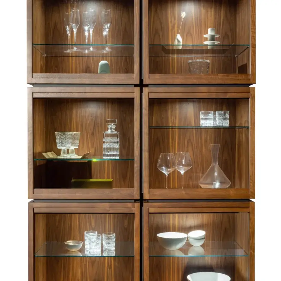 Distinguished Pacini & Cappellini Mesh Modular Cupboard with veneered Canaletto walnut and clear glass shelving in a warm finish