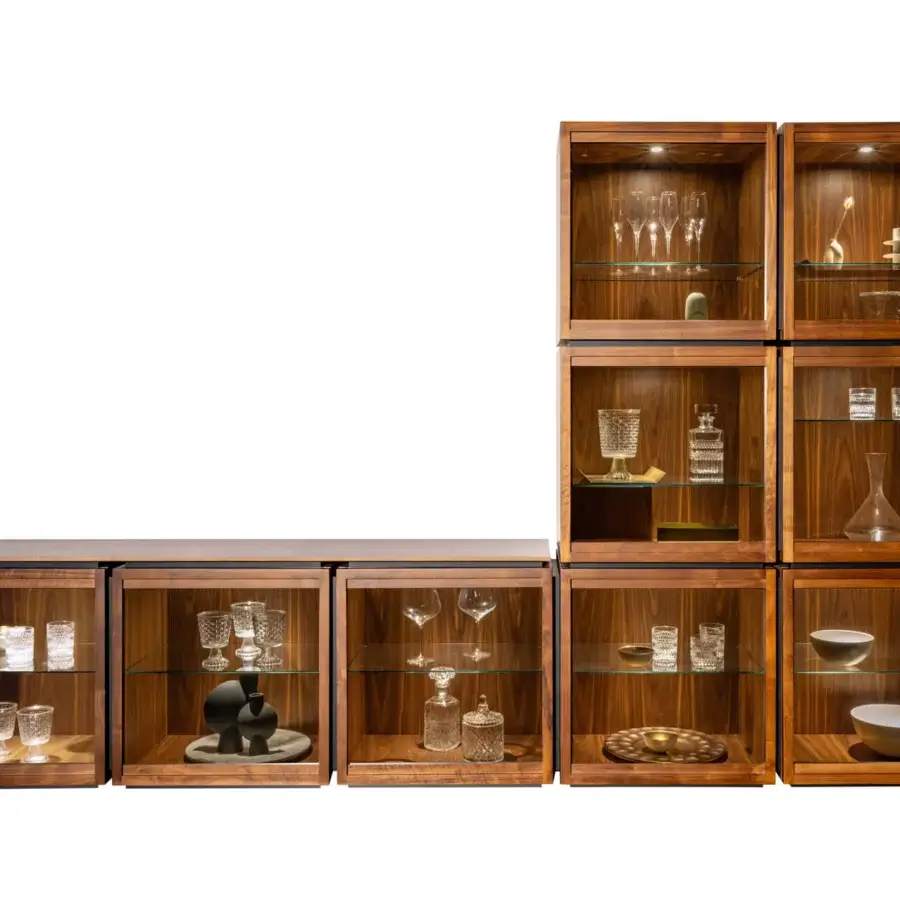 Superior Pacini & Cappellini Mesh Modular Cupboard with Canaletto walnut containers and black spacers in a rich brown finish