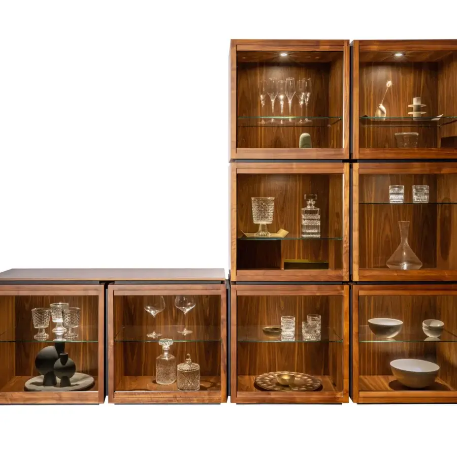 Distinguished Pacini & Cappellini Mesh Modular Cupboard with veneered Canaletto walnut and clear glass shelves