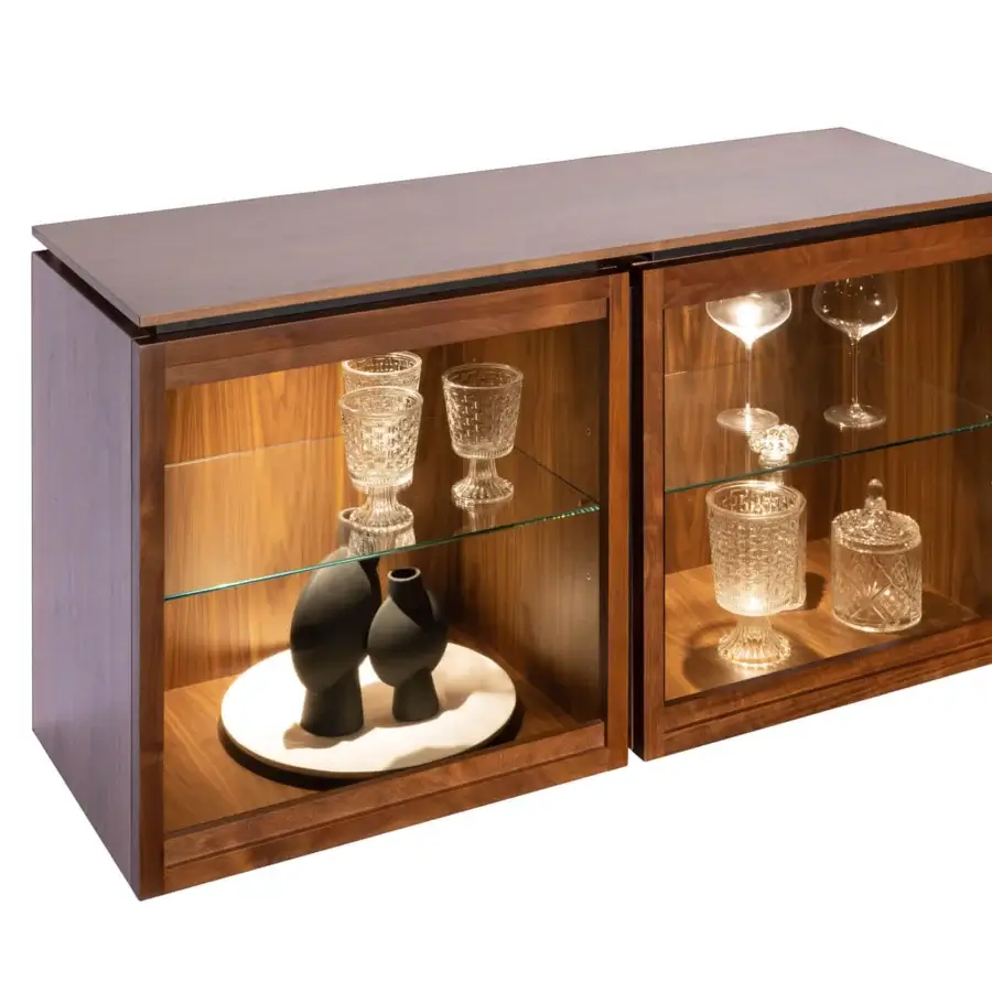 Exceptional Pacini & Cappellini Mesh Modular Cupboard with veneered Canaletto walnut containers and glass shelves
