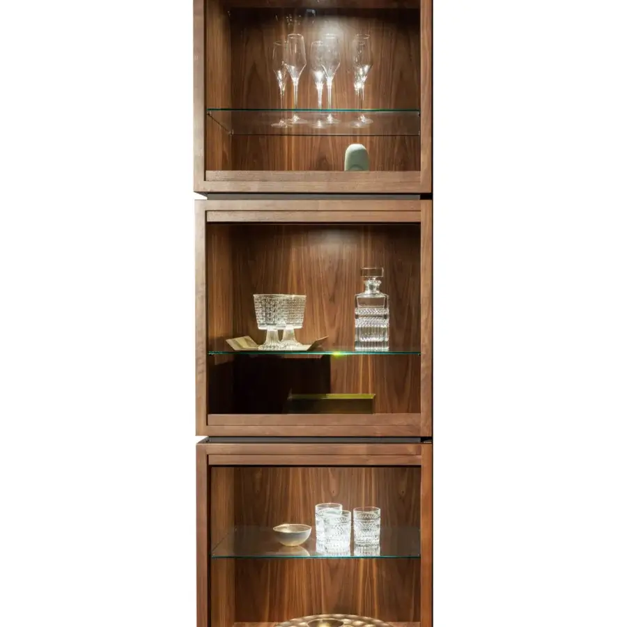 Distinguished Pacini & Cappellini Mesh Modular Cupboard with Canaletto walnut containers and black spacers, showcasing glass shelves in a veneered finish