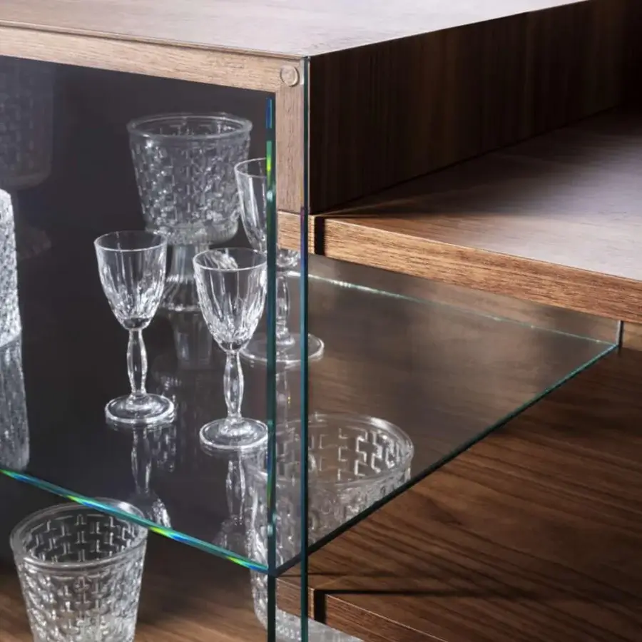 Elegant Pacini & Cappellini Ginevra sideboard with solid Canaletto walnut structure and clear glass doors