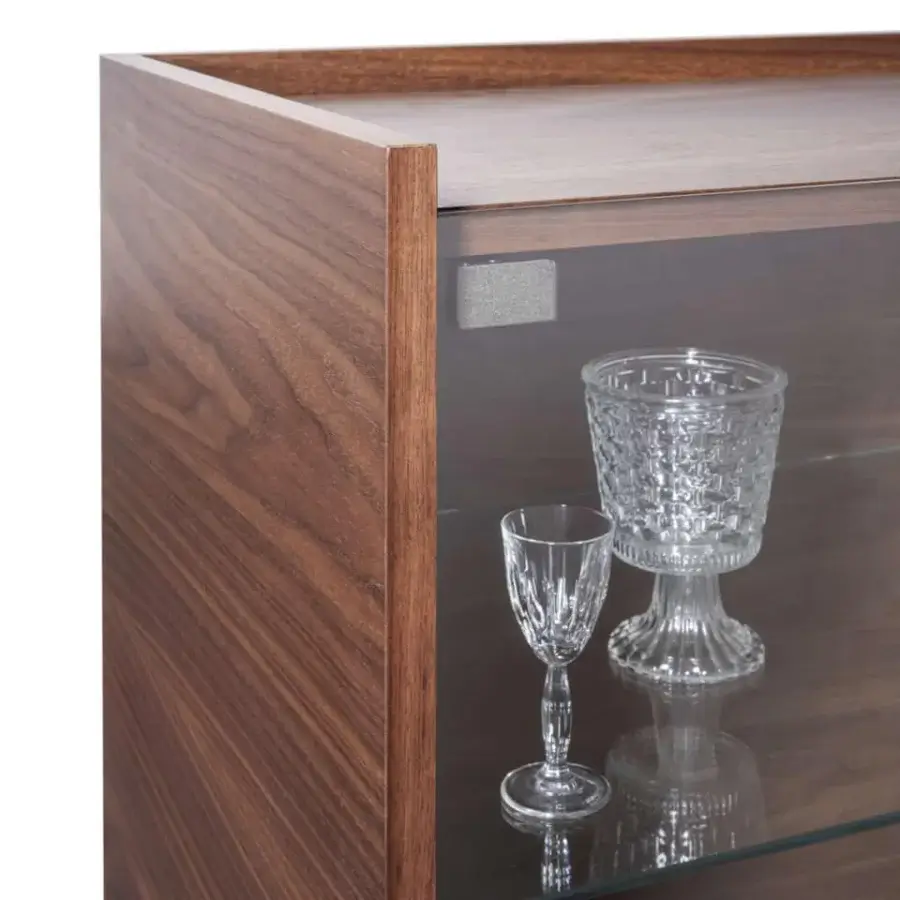 Sophisticated Pacini & Cappellini Ginevra sideboard with solid Canaletto walnut and crystalline glass doors displaying shelves within