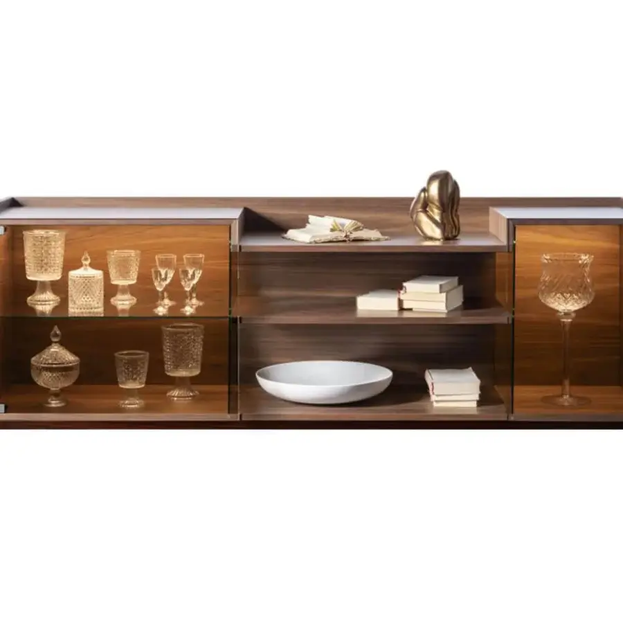 Elegant Pacini & Cappellini Ginevra sideboard with solid Canaletto walnut structure and clear glass doors