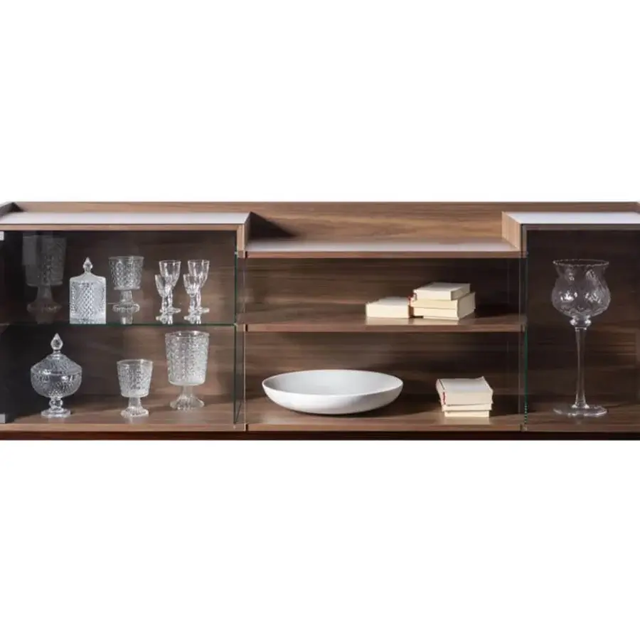 Exceptional Pacini & Cappellini Ginevra sideboard with solid Canaletto walnut and clear glass doors in dark brown finish