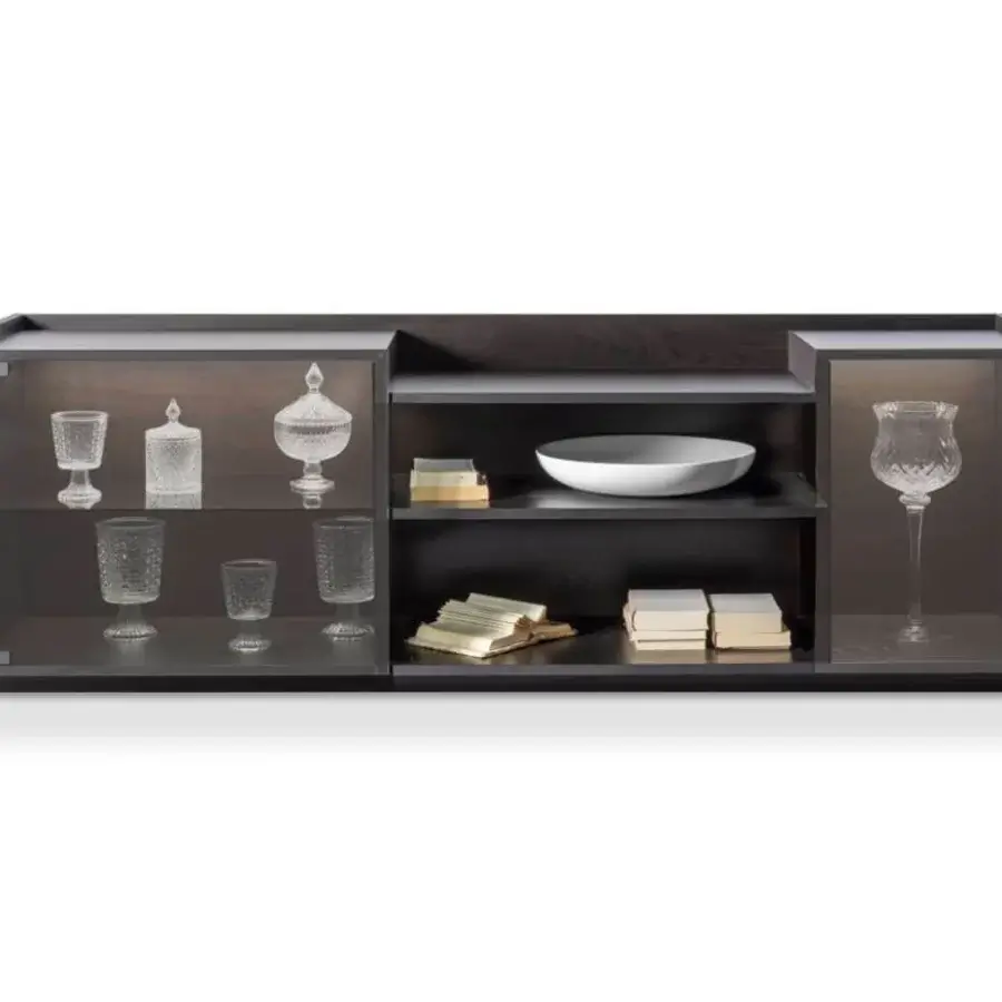 Sophisticated Pacini & Cappellini Ginevra sideboard with solid Canaletto walnut structure and dark gray finish displaying glass doors