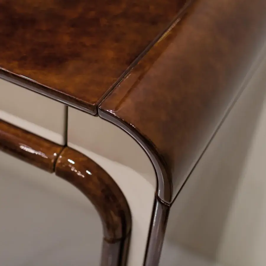 Elegant Turri Madison console with dark brown wood-grain and light neutral tones in glossy lacquered finish