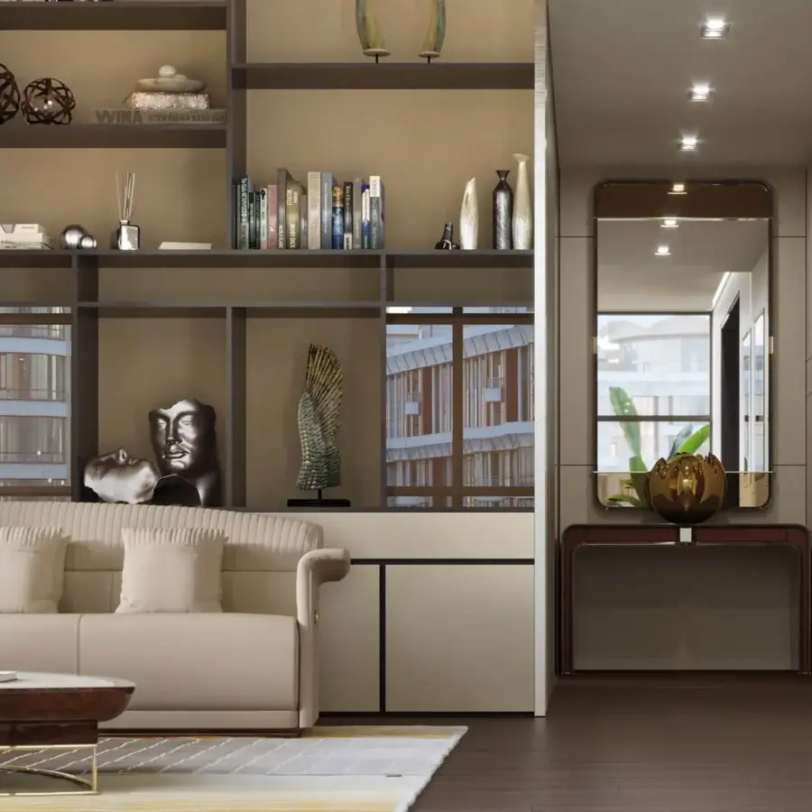 Elegant Turri Madison console with glossy lacquered dark brown wood and beige leather inserts