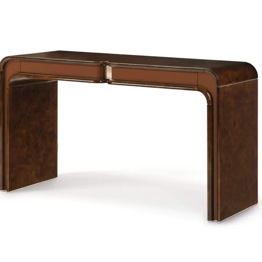 Exceptional Turri Madison console with glossy lacquered structure, brown wood grain and lighter brown leather inset detailing