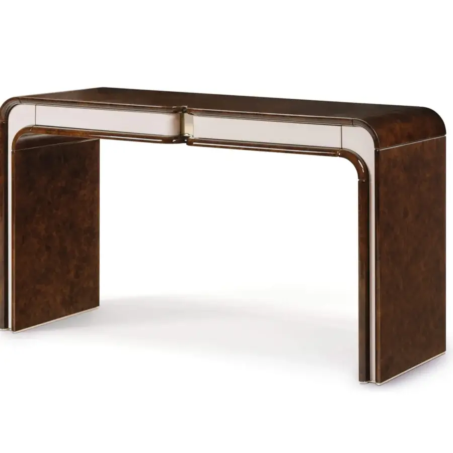 Elegant Turri Madison console with glossy lacquered bridge structure, leather inserts and dark brown wood accents