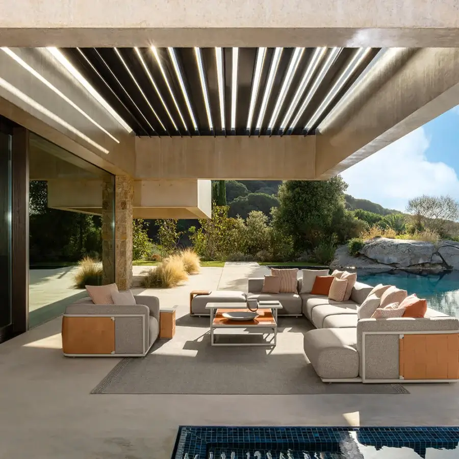 Exceptional Talenti Tressé coffee table crafted with glazed lava stone and light-toned tubular aluminum in a matte finish