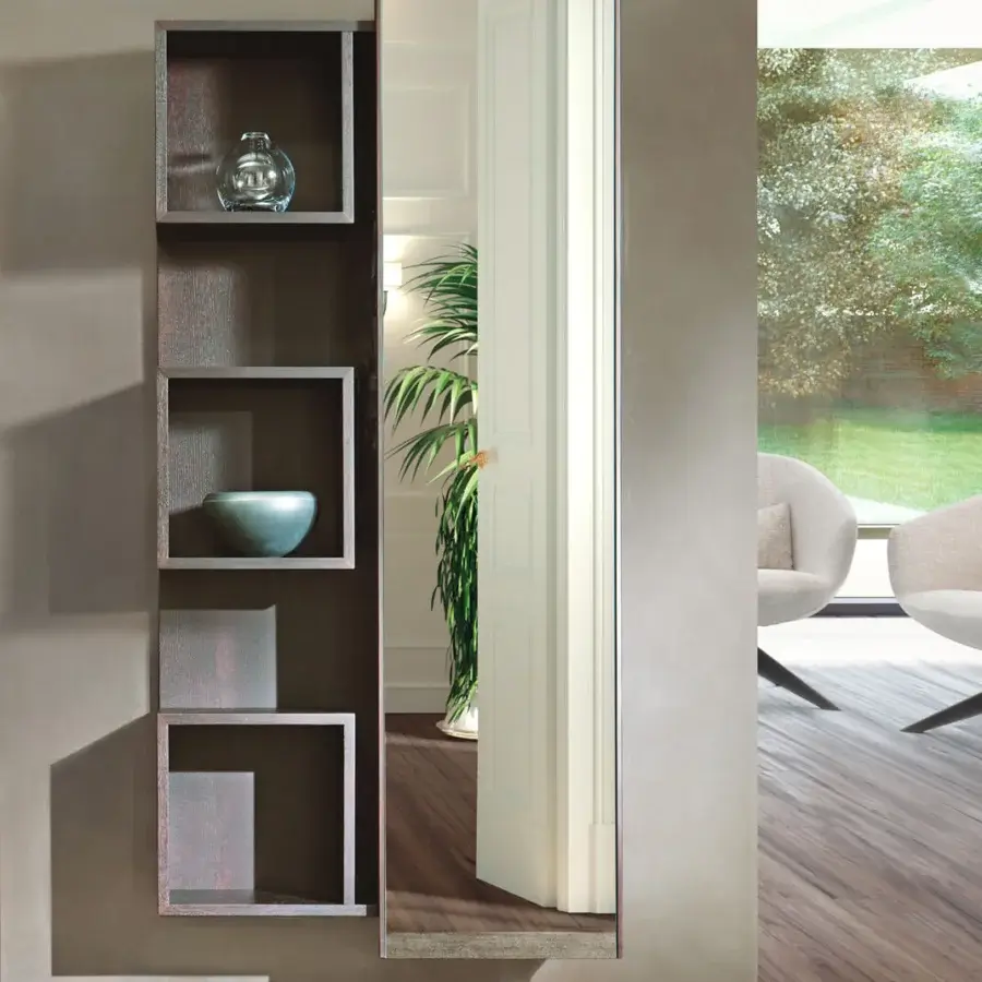 Superior Pacini & Cappellini Welcome entryway wardrobe in veneered ash wood with a dark brown finish and clear sliding mirror