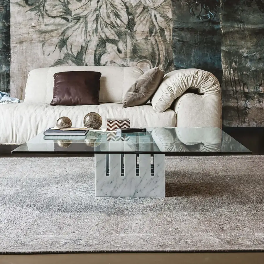 Elegant Cattelan Italia Scacco coffee table with transparent glass and a white marble base crafted with a matte finish