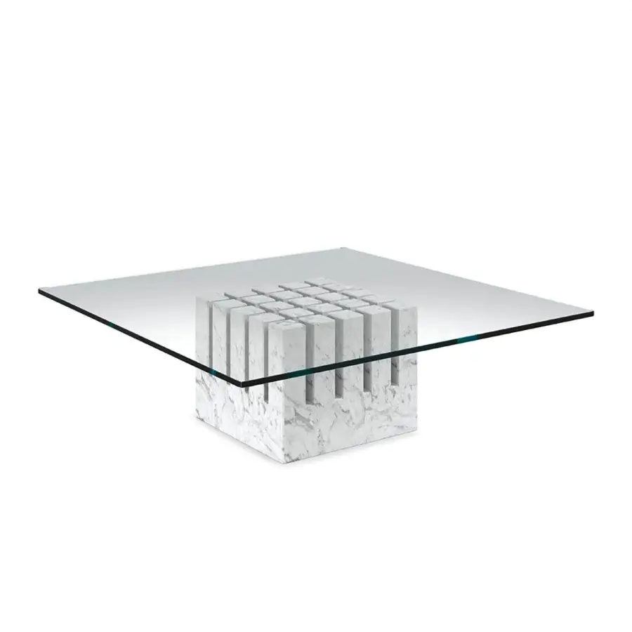 Distinguished Cattelan Italia Scacco coffee table with transparent glass and a sculpted white marble-like base crafted in Italy