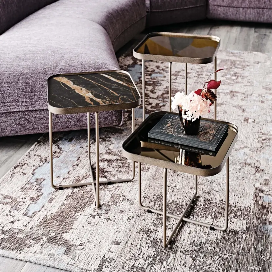 Exceptional Cattelan Italia Benny Keramik coffee table with square Marmi ceramic and satin-finished metallic frame