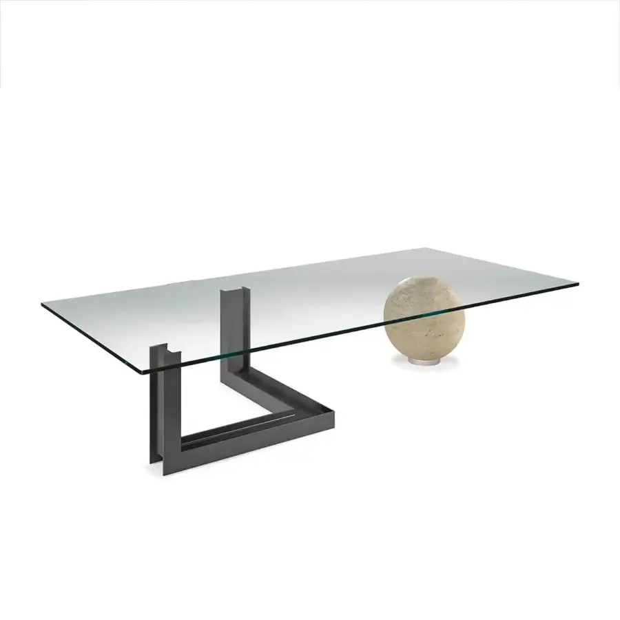 Distinguished Cattelan Italia Levante coffee table with clear glass and rough steel, supported by natural travertine