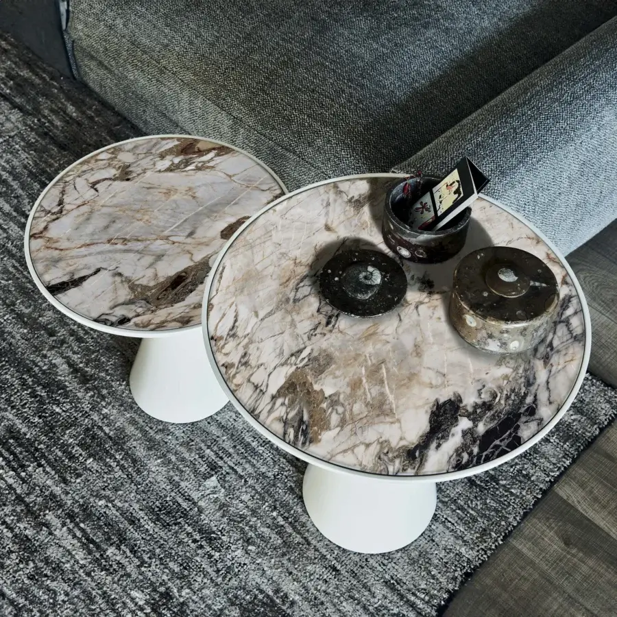 Elegant Cattelan Italia Peyote Keramik side table with swirling Marmi ceramic top and matte metallic cylindrical base