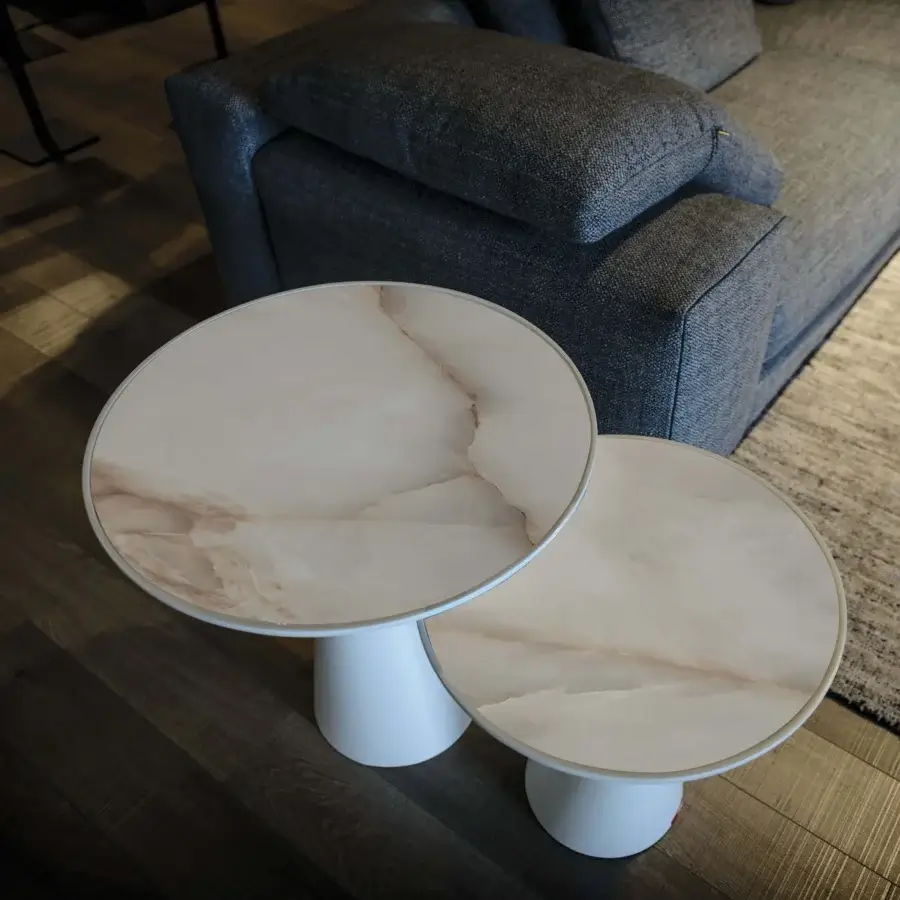 Captivating Cattelan Italia Peyote Keramik side table with swirling Marmi ceramic and matt metallic cylindrical base