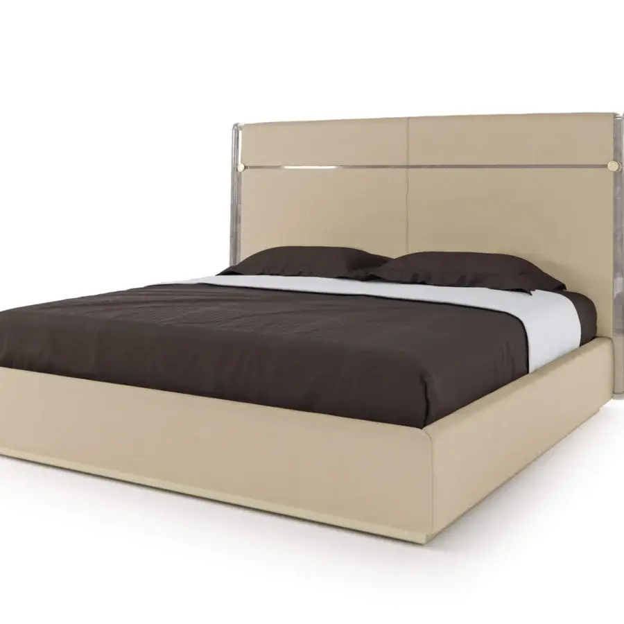 Distinguished Turri Madison bed with light beige leather base and glossy lacquered wooden headboard exhibiting gold metal accent