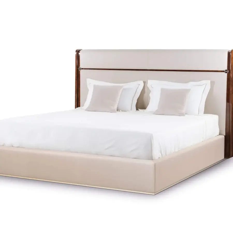 Sophisticated Turri Madison bed with glossy lacquered wood, soft leather and gold metal button details