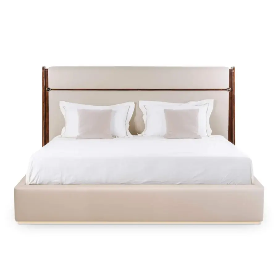 Exceptional Turri Madison bed with glossy lacquered wood, light beige leather and gold metal button details