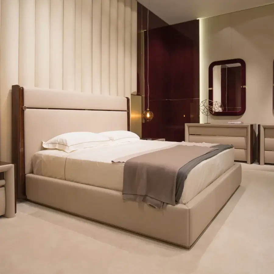 Lavish Turri Madison bed with glossy lacquered wood, soft leather inserts and light beige textile upholstery