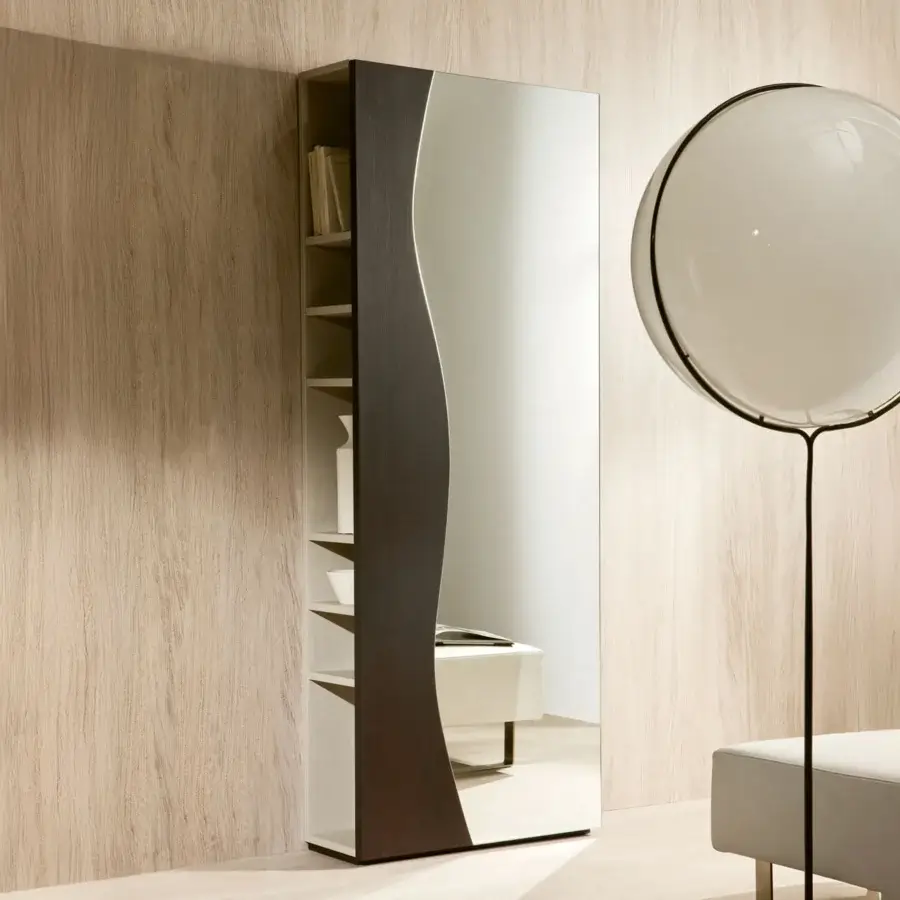 Elegant Pacini & Cappellini Futura entryway wardrobe with ash veneered door, clear mirror and dark brown finish, offering customizable shelving
