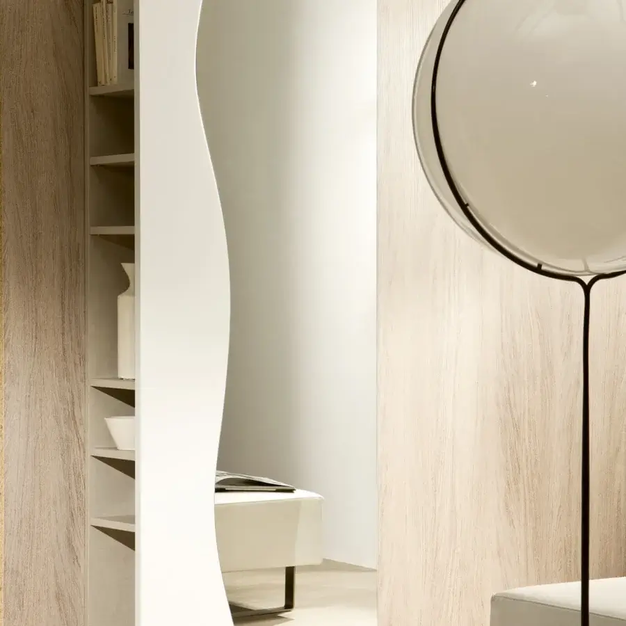 Captivating Pacini & Cappellini Futura entryway wardrobe with ash veneered door, clear mirror and light wood shelving