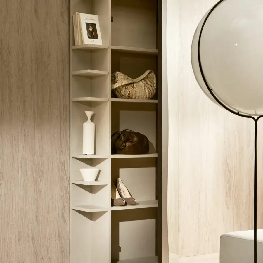 Superior Pacini & Cappellini Futura entryway wardrobe with ash veneered door, clear mirror and dark trim