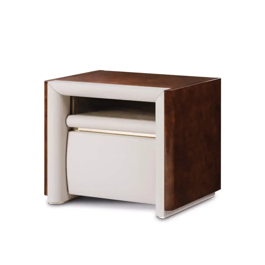 Superior Turri Madison nightstand with glossy lacquered wood and light beige leather accents