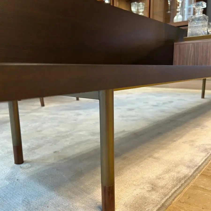 Distinguished Pacini & Cappellini plank bench crafted in solid Canaletto walnut with bronze-toned metal legs and matte finish