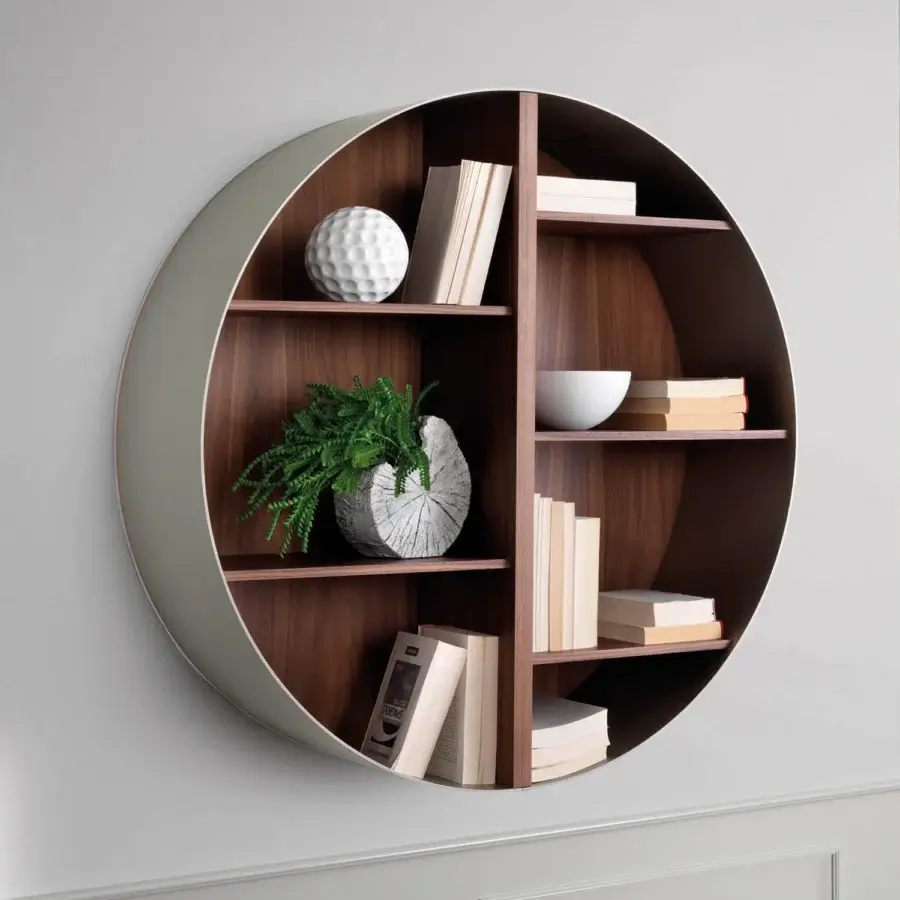 Distinctive Pacini & Cappellini Tao bookcase with round structure in canaletto walnut and slate grey painted metal with peach accent