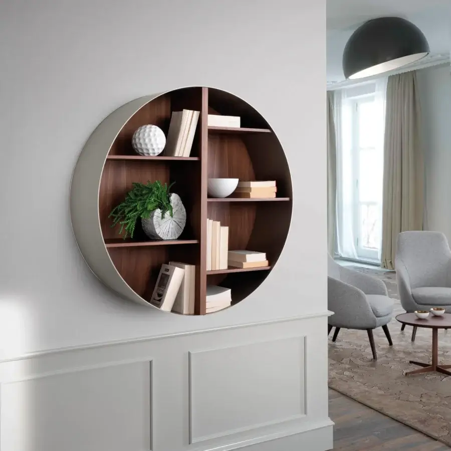 Superior Pacini & Cappellini Tao bookcase with circular slate grey metal and Canaletto walnut veneer interior