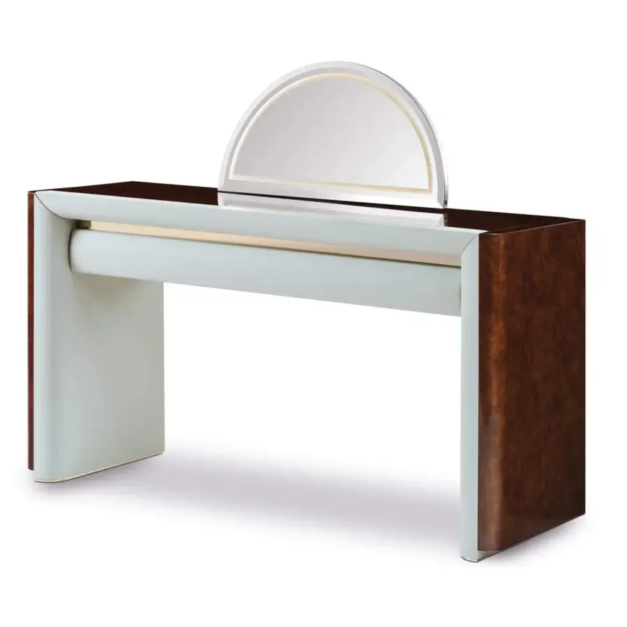 Superior Turri Madison vanity with glossy dark brown wood and leather-lined interiors in gold metal accents
