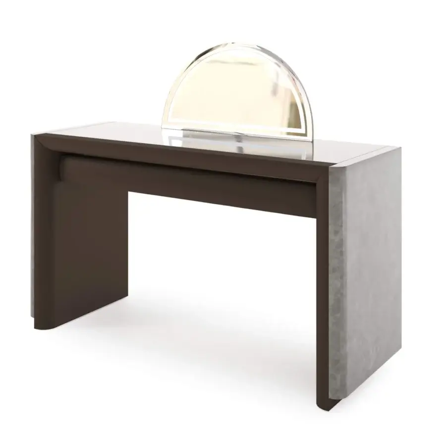 Exclusive Turri Madison vanity with light glossy top and dark brown textured matte supports with gold metal accents