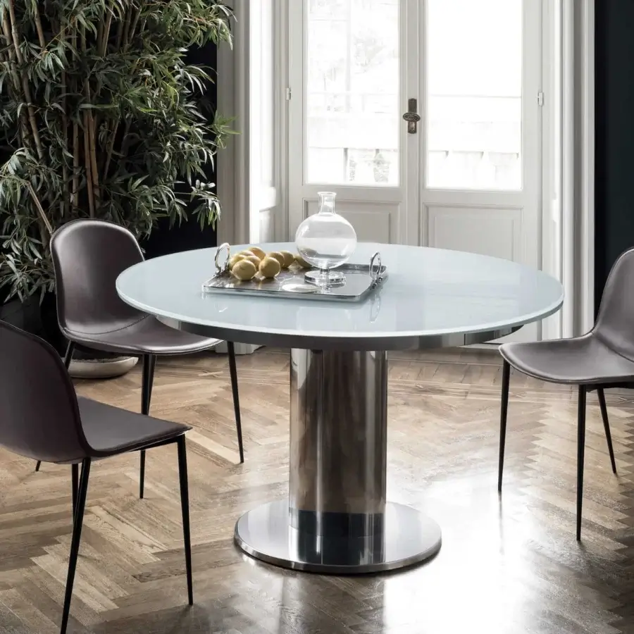 Distinguished Bontempi Giro Extendable Table with frosted glass tabletop and brushed metal cylindrical base crafted in Italy