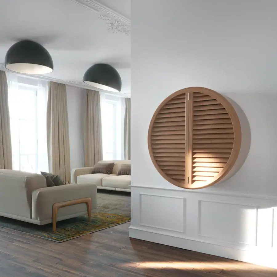 Distinguished Pacini & Cappellini Tao bar cabinet with slate grey metal and Canaletto walnut veneer, showcasing horizontally aligned light brown wooden slats