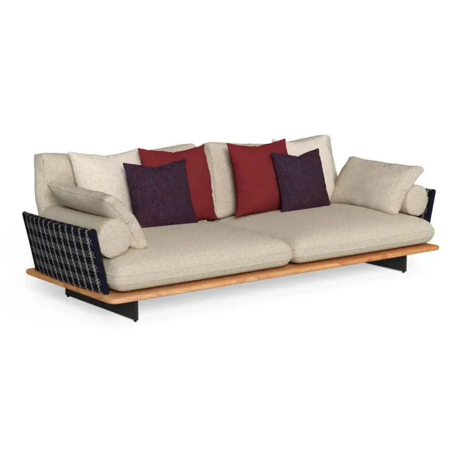 Distinguished Talenti Venice Sofa, a sofa with light beige textile and soft lines, built with a wooden base and dark metal legs