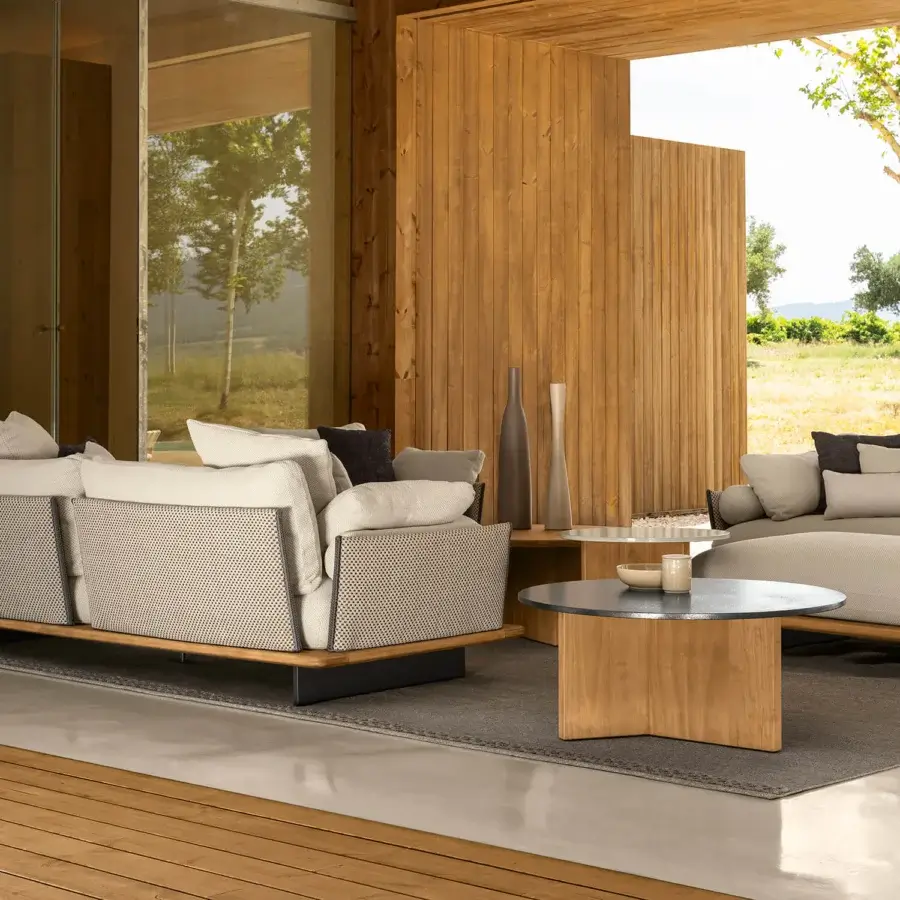 Exceptional Talenti Venice Sofa, a sofa with wooden bases and light neutral textile upholstery displaying a contrasting dot pattern