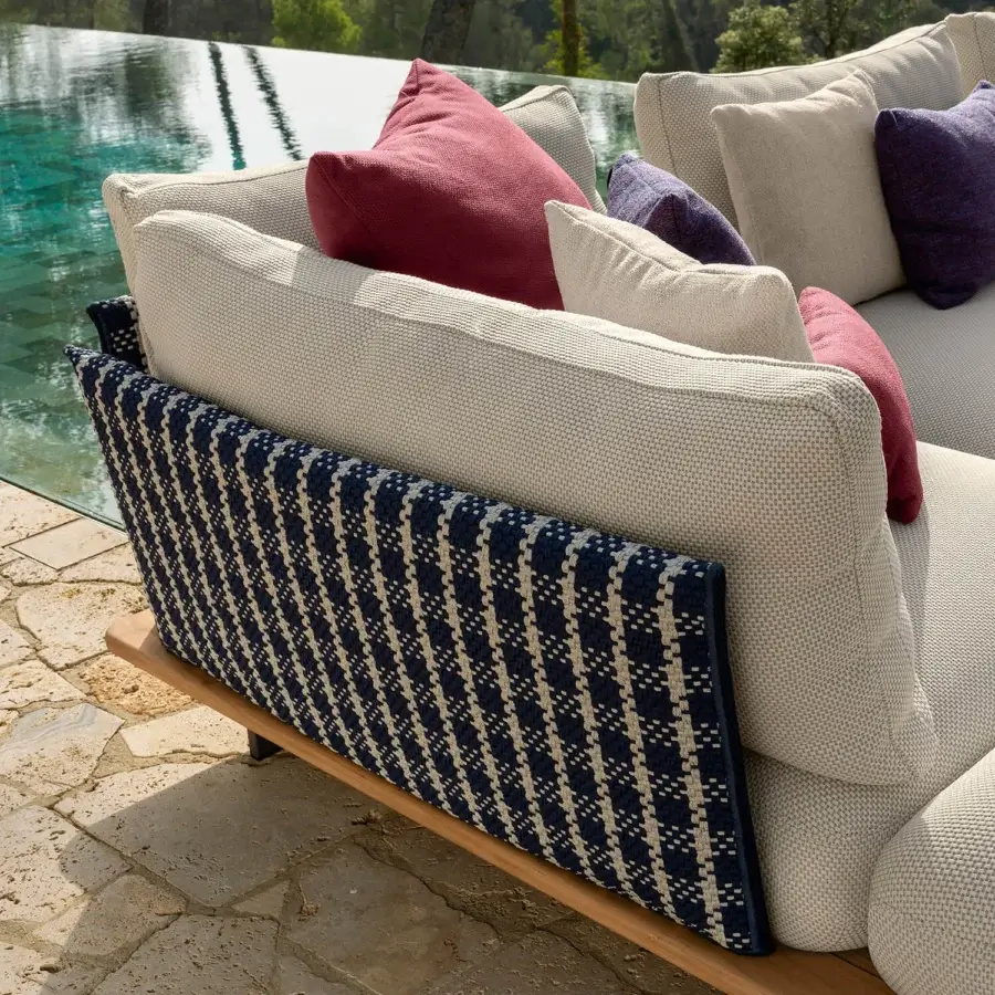 Superior Talenti Venice Sofa, a sofa with light beige woven textile seats and deep blue textured fabric accents