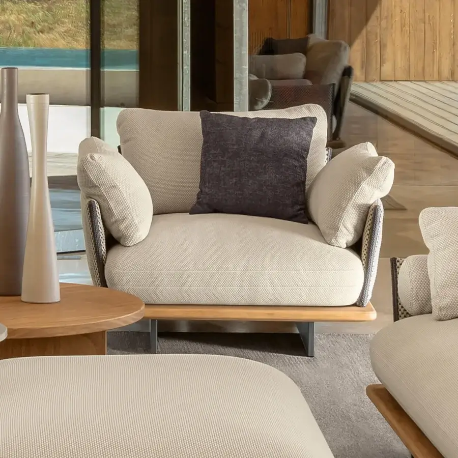 Exceptional Talenti Venice lounge chair with wide woven cushions and a solid teak wood base crafted with a smooth finish