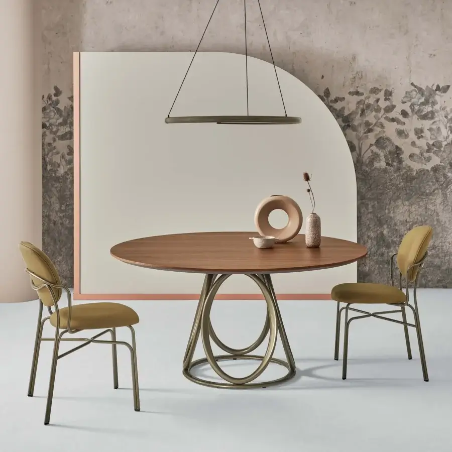 Distinguished Bontempi Louis round table with interwoven bronze-toned metal loops and warm brown wood-grain top crafted in Italy