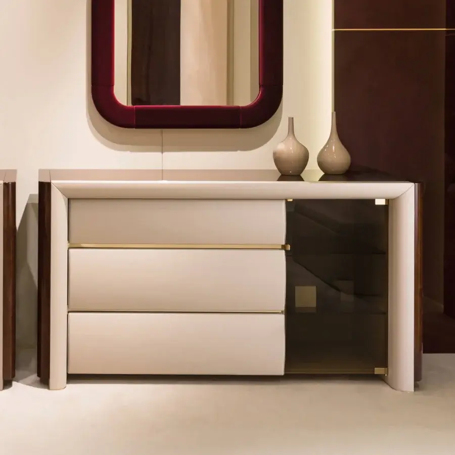Distinguished Turri Madison dresser with a linear design in glossy lacquered dark brown and light beige, complemented by horizontal metal accents