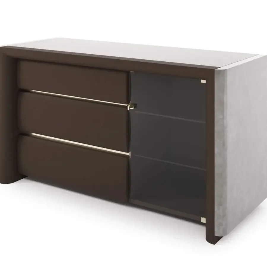 Distinguished Turri Madison dresser with glossy lacquered wood, leather drawers and translucent dark glass cabinet with gold trim