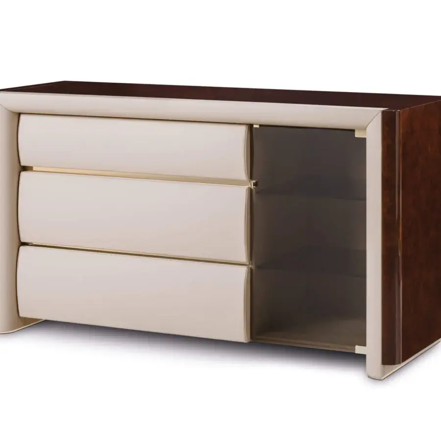 Superior Turri Madison dresser with glossy lacquered wood, leatherette drawers and golden accent lines